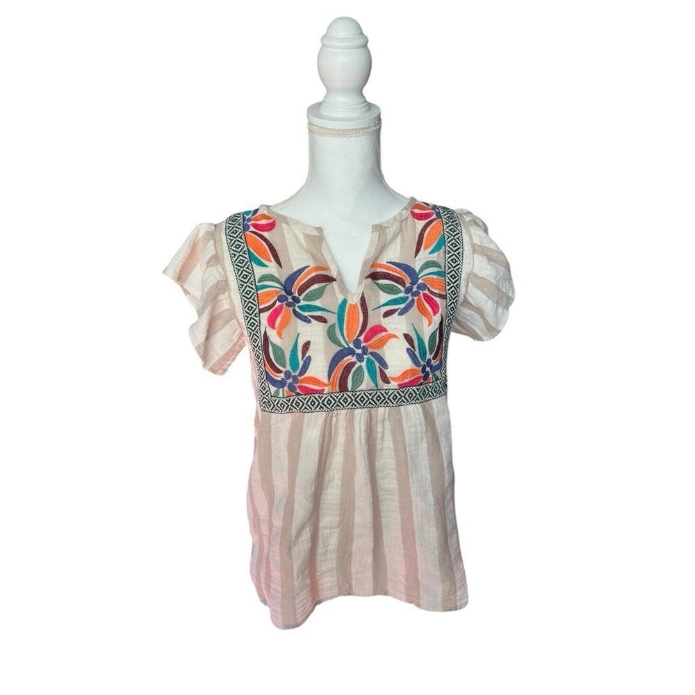 Cream Embellished Puff Sleeve Blouse with Bib Collar